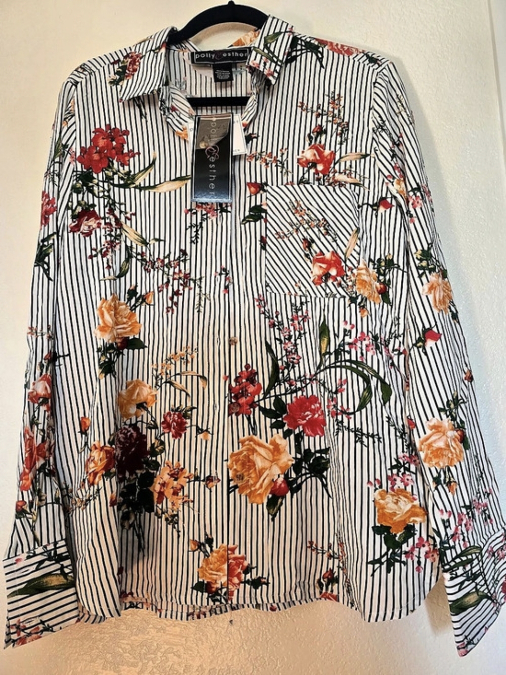 Polly & Esther Floral Striped Button Down Rayon Size Large NWT